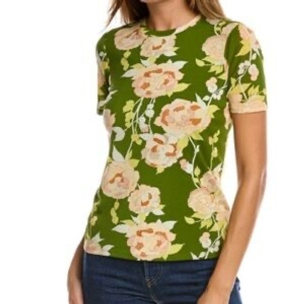 Rebecca Taylor Green Floral Mesh Short Sleeve Tee Top XS